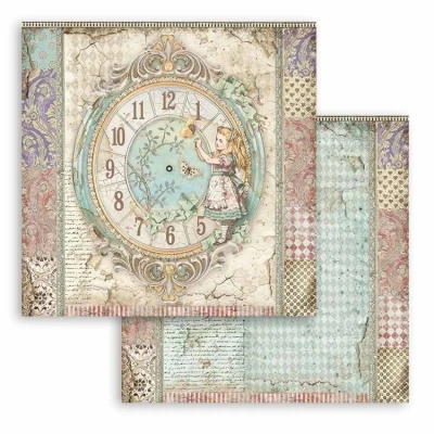 Abbildung von Stamperia SBB815 Doppelgesicht Schmierpapier Alice Uhr, Mehrfarbig, 30.5x30.5 cm, 10 Piece