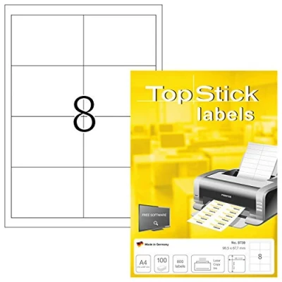 Abbildung von TopStick 8739 Universal Etiketten, 100 Blatt, 96,5 x 67,7 mm, 8 pro A4 Bogen, 800 Stück, selbstklebend, bedruckbar, matt, blanko Papier Klebeetiketten Aufkleber, weiß