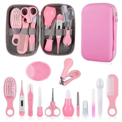 Abbildung von Baby Pflegeset, Sicherheitspflege Set für Kleinkinder mit Haarbürste, Kamm, Nagelknipser, Nasensauger, Essentials Neugeborene, Mädchen, Jungen (rosa Pflegeset)