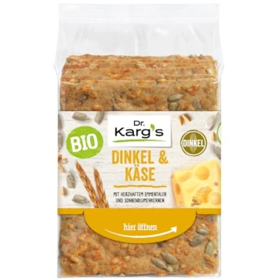 Abbildung von Dr. Karg’s BIO Knäckebrot Dinkel &amp; Käse knusprig, vegetarisch, mit Emmentaler Sonnenblumenkernen, reich an Ballaststoffen, Dinkelvollkorn ohne Zusatzstoffe, 10x200g