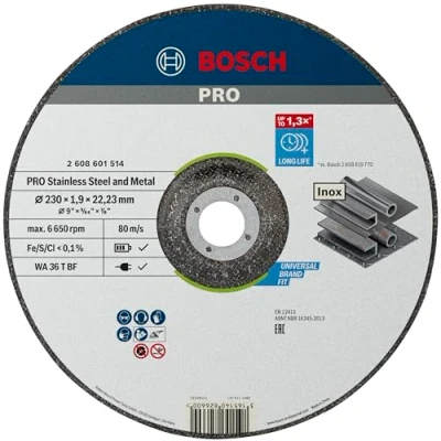 Abbildung von Bosch 1x PRO Stainless Steel and Metal Longlife Thin Trennscheibe für große Winkelschleifer und 22,23 mm Bohrung (für Stahl, Edelstahl, Ø 230 mm, Professional Zubehör Großer Winkelschleifer)