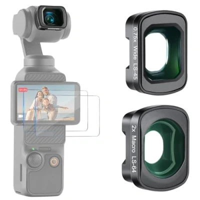 Abbildung von NEEWER 0,75X Weitwinkel und 2X Makroobjektiv Set, kompatibel mit DJI Osmo Pocket 3 Creator Combo Zubehör, 108 Sichtfeld, Linsen in Gruppen, Kit Zwei Displayschutzfolien, FL B34