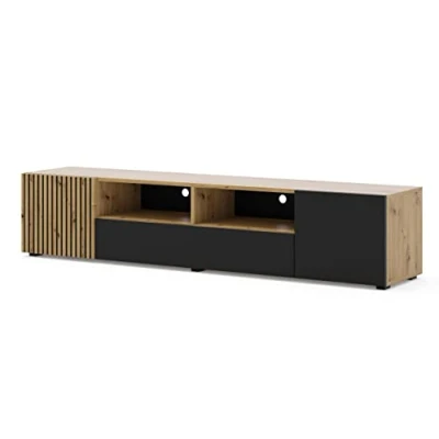 Abbildung von BIM Furniture TV Stand Lowboard AURIS 200 cm Lamellenfronten MDF Kommode Sideboard Tisch Schrank Artisan Eiche schwarz matt
