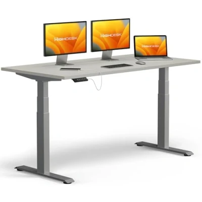 Abbildung von KRIEG HighDesk PRO Höhenverstellbarer Schreibtisch 200 x 80 cm I Silber + Grau Elektrischer Sitz &amp; Stehtisch mit Tischplatte Stehschreibtisch Elektrisch Höhenverstellbar