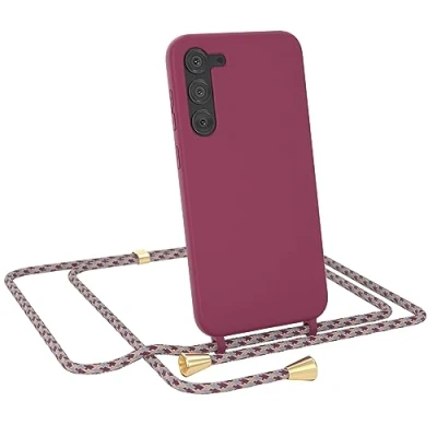 Abbildung von EAZY CASE Necklace Silicon kompatibel mit Samsung Galaxy S23 Plus Slim Microfiber, Phone Case, Abnehmbare Handykordelabnehmbar Beere Schulterriemen in Rot Camouflage Clips Gold