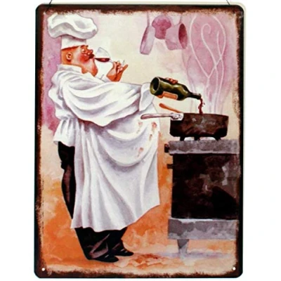 Abbildung von Moritz Metallschild Blechschild Küche dicker Koch mit Wein, 25 x 33cm Vintage Retro Deko Schild Wandbild