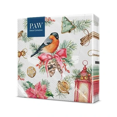 Abbildung von PAW Servietten 3 lagig (33 x 33 cm) I 20 Stück Papierservietten Bunt Perfekt für den Weihnachtstisch Weihnachten, Winter, Distel, Lampwork Bullfinch with Lampion