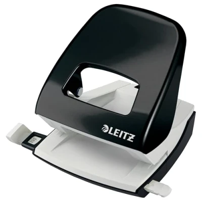 Abbildung von Leitz Büro Locher aus Metall, Für 30 Blatt, Anschlagschiene mit Formatvorgaben, Ergonomisches Design, Blister Verpackung, schwarz, WOW Serie, 0082095