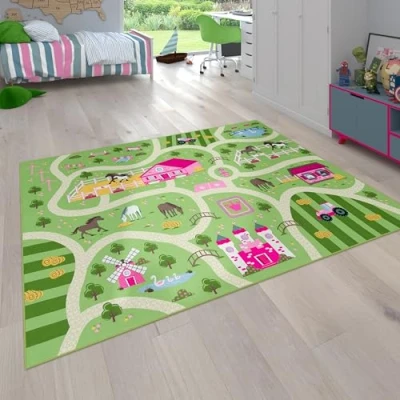 Abbildung von Paco Home Kinder Teppich Für Kinderzimmer, Spiel Mit Landschaft und Pferden rutschfest In Grün, Grösse:80x150 cm