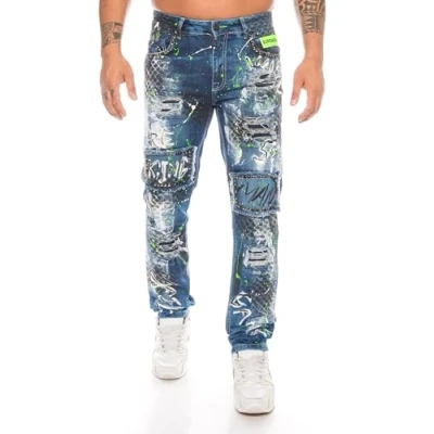 Abbildung von Cipo &amp; Baxx Slim fit Jeans Herren Hose mit ausgefallenem Graffiti Design Aufwendige Verarbeitung Nieten und neongrünen Details
