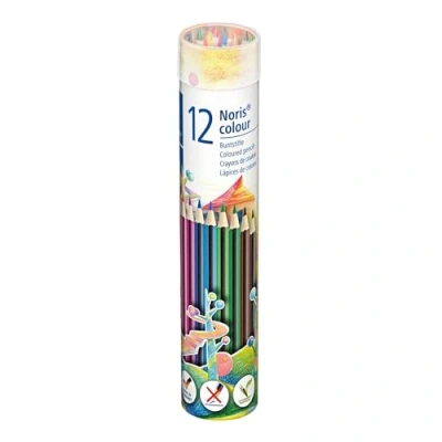 Abbildung von STAEDTLER Bunstifte Noris colour (hohe Bruchfestigkeit, Sechskantform, attraktives Streifendesign, ergonomische Soft Oberfläche, WOPEX Material, Set mit 12 Farben, Metallrunddose), 185 MD12