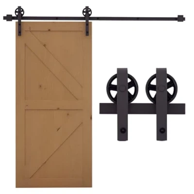 Abbildung von HOMCOM Türbeschlag 183 cm mit Schienen, Rollen, Schienenstopper, Bodenblock (Schiebetürsystem, 1 St., Schiebetüren Beschlagsatz), aus Kohlenstoffstahl Dunkelbraun