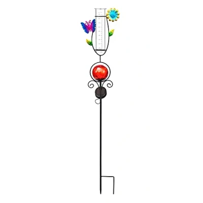 Abbildung von Regenmesser mit LED Beleuchtung für den Garten, 2 in 1 Funktion, Metall Erdspieß, farbige Glaskugel Bruchglas Optik, Niederschlagsmesser aus Glas (blau Biene &amp; Blume)