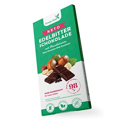 Abbildung von Simply Keto Lower Carb* Schokolade mit Haselnüssen &amp; 60% Kakao Edelbitter ohne Zuckerzusatz Gesüßt Erythrit statt Zucker Nur 4g Netto Kohlenhydrate pro 100g Glutenfrei Vegan