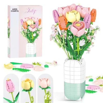 Abbildung von Euakee Blumen Bausteine Bausatz, Bauspielzeugset mit Vase, DIY Pflanze Blumenstrauß Dekoration, Idee Geschenke für Valentinstag Geburtstage Muttertag (Rosa Schneeberg)