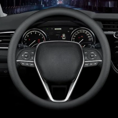 Abbildung von LIKEWEI Nappa Premium Leder Auto Lenkradbezug Anti Rutsch Atmungsaktiv Universal 15 Zoll Schwarz