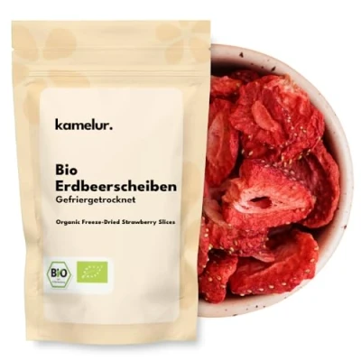 Abbildung von Kamelur Bio Erdbeeren gefriergetrocknet 250g Erdbeerchips in biologisch abbaubarer Verpackung