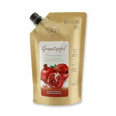 Abbildung von Flüssigseife mit biologischer Schafmilch 500ml im Nachfüll Beutel Duft Granatapfel