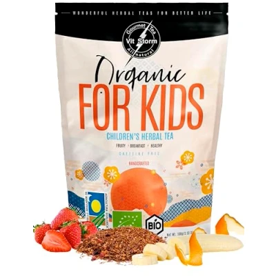 Abbildung von KINDERTEE BIO Schlaftee FrüchteTee Lose Baby Tee Gute Nacht Verdauungstee Rooibos, Fenchel, Kamille, Melisse, Banane, Himbeere Entspannungstee Kräutertee 100g VITSTORM