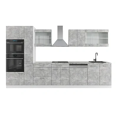 Abbildung von Vicco Küchenzeile R Line, Beton/Weiß, 350 cm mit Hochschrank, AP Marmor