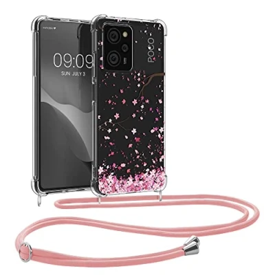 Abbildung von kwmobile Necklace Case kompatibel mit Xiaomi Poco X5 Pro 5G Hülle Silikon Cover Handykette Rosa Dunkelbraun Transparent Kirschblütenblätter