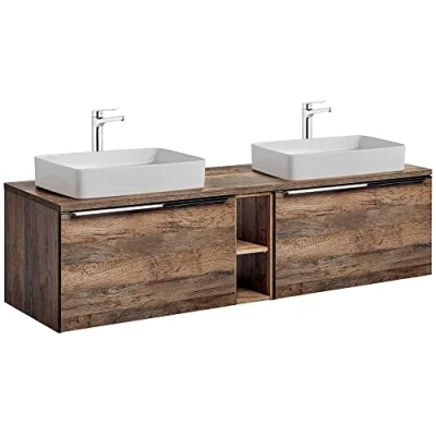Abbildung von Lomadox Badezimermöbel Doppel Waschtisch Unterschrank Set 180cm, Vintage Oak Eiche Nb, 2 Keramik Aufsatz Waschbecken, 4 Softclose Schubkästen, Regal