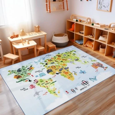 Abbildung von Kinderteppich Weltkarte mit Tierdesign, Carpettex, Läufer, Höhe: 7 mm, Tierdesign Teppich Kinderzimmer Rutschfest
