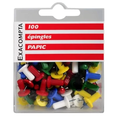 Abbildung von Exacompta 14996E 100er Pack Papic Nadel mit rundem geripptem Kopf Stoßnadeln in Kunststoffbox für Pinnwände Fotowände Korktafeln farbig sortiert