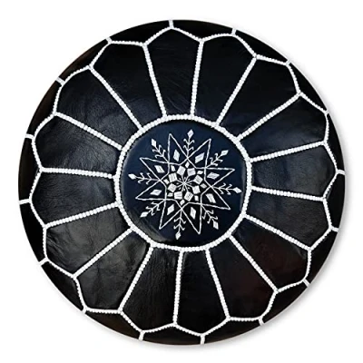 Abbildung von Poufs&amp;Pillows Premium Echt Leder Pouf Handgefertigt gefüllt geliefert Ottoman Sitzsack Fußhocker (Schwarz)