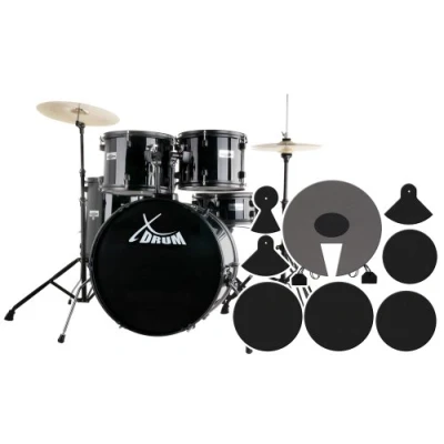 Abbildung von XDrum Rookie Schlagzeug Set Drumset Schwarz (22&quot; BD, 12&quot;, 13&quot;, 16&quot; TT, 14 SN, Übungsbecken bestehend aus einem Satz Hi Hat Becken 14&quot; und 1 Crash Ride 16&quot;, inkl. Schule &amp; Schlagzeugdämpferset)