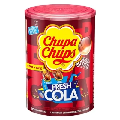 Abbildung von Chupa Chups Fresh Cola Lutscher Dose, enthält 100 Lollis in den Geschmacksrichtungen &amp; Zitrone, praktische Aufbewahrungs für Halloween, x 12g
