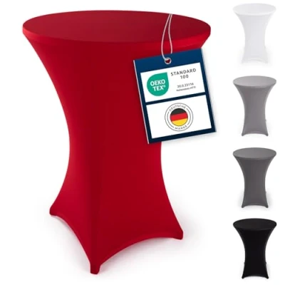 Abbildung von Blumtal Stretch Stehtisch Hussen Bügelfrei Oeko TEX zertifizierte Tischhussen für Stehtische Ø 80 85 cm Verstärkung im Fußbereich waschmaschinengeeignet Rot