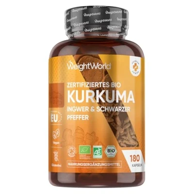 Abbildung von BIO Kurkuma Kapseln Schwarzer Pfeffer &amp; Ingwer mit Curcumin und Pulver 180 Vegan WeightWorld