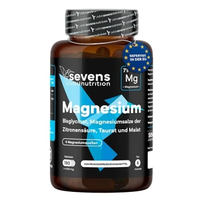 Abbildung von Magnesium Komplex Premium 4 fach Formel mit Bisglycinat, Citrat, Malat &amp; Taurat Hochdosiert 180 Tabletten Sevens