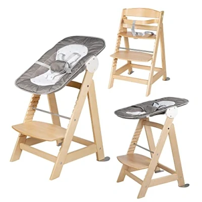 Abbildung von roba Born Up Babyhochstuhl Set 2in1 + Neugeborenen Aufsatz &#039;Sternenzauber&#039; mit Liegefunktion Kinderhochstuhl ab Geburt Holz natur