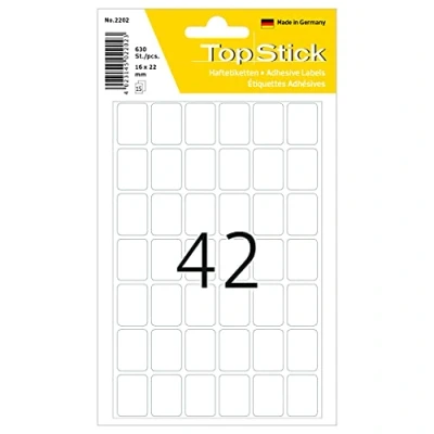Abbildung von TopStick 2202 Vielzweck Etiketten, 630 Stück, 16 x 22 mm, 42 pro Bogen, selbstklebend, Haushaltsetiketten zum Beschriften, matt, blanko Papier Klebeetiketten Aufkleber, weiß