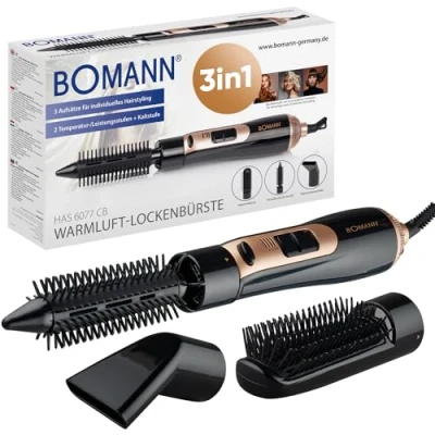 Abbildung von Bomann Warmluftbürste 3 Aufsätze für alle Haarlängen Föhnbürste mit Kaltstufe Style Fix 2 Stufen Rundbürstenföhn Hairstyler 360 Kabel kurze Haare HAS 6077 CB