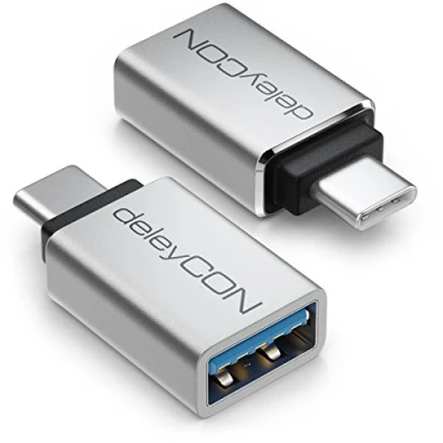 Abbildung von deleyCON USB C auf OTG Adapter (2 Stück) Aluminium 5 Gbit/s Handy Thunderbolt 3/4 3.0 für iPhone 15 Pro Max MacBook Air 2023 iPad Mini iMac Surface UVM. Silber