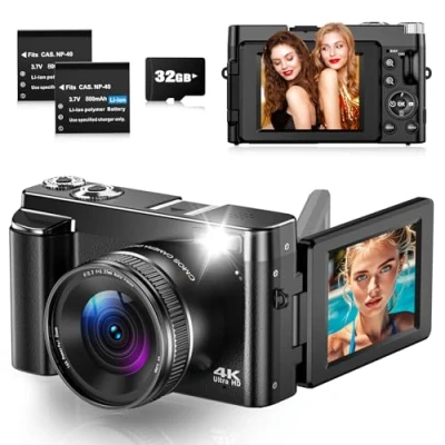 Abbildung von Digitalkamera 4K 48MP Autofokus Kamera Fotokamera mit 3&quot; 180 Klappbildschirm, Kompakte Digitalkameras 32GB Karte, 16X Digitalzoom, 2 Akkus für Anfänger, Teenager