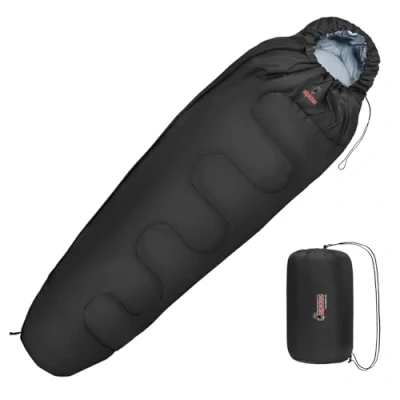 Abbildung von ALPIDEX Schlafsack Mumienschlafsack 4 Jahreszeiten 225 x 80 cm 17 C 400 GSM Kleines Packmaß Ultraleicht Reise Camping Trekking Outdoor Sleeping Bag Warm, Farbe:Schwarz, Reißverschluss:rechts