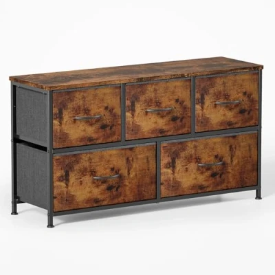 Abbildung von Xbro Kommode,Kommode Schrank mit 5 Schubladen aus Stoff, Kommode Schlafzimmer, Holzplatte und Metallrahmen für Wohnzimmer, Flur (Rustikales Braun)
