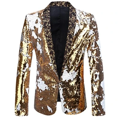 Abbildung von PYJTRL Herren Blazer mit 2 Farben und glänzenden Pailletten (M, Gold + Weiß)
