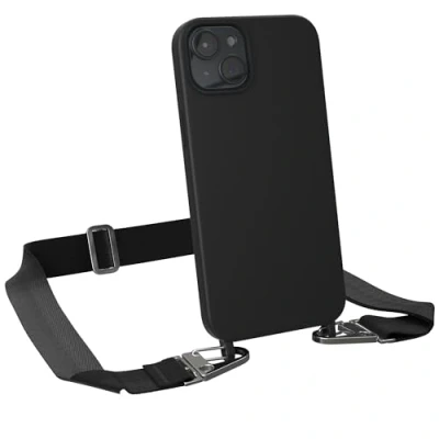 Abbildung von EAZY CASE Hülle mit Band kompatibel iPhone 15 Plus Handyhülle Umhängeband für Silikonhülle Schwarz Handykette zum Umhängen Handykordel Schutzhülle Smartphone in