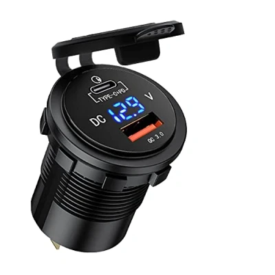 Abbildung von GemCoo Auto USB Ladegerät KFZ QC3.0 Steckdose und Typ C PD für Auto, 12 V/24 V QC 3.0 Dual Schnellladung mit LED Voltmeter Anzeige Motorrad, Marine Motorrad RV Caravan (Orange)