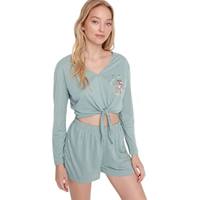 Abbildung von Trendyol Damen Unifarben Mitte Gestrickt T shirt shorts Pyjama Pajama Set, Mint, L EU