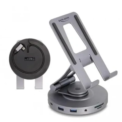 Abbildung von Delock Tablet und Notebook Dockingstation 4K mit integrierter Halterung HDMI / USB Hub SD Micro PD 3.0 360 drehbar