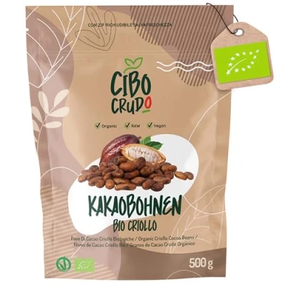 Abbildung von Kakaobohnen Roh Bio 500g. Rohe Ungeröstet zum Essen aus Peru. Raw Cacao Beans Kakao Bohne Ganze Sorte Criollo. Bbiologischer Anbau.