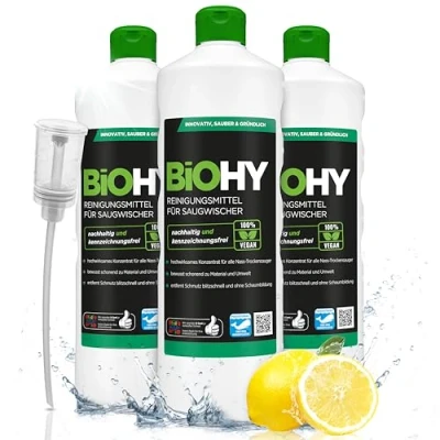 Abbildung von BiOHY Reinigungsmittel für Saugwischer mit Frischeduft (3 x 1 Liter) + Dosierer 1:200 Konzentrat alle Nass Trockensauger ideal Fliesen, PVC, Parkett, Laminat &amp; Teppich streifenfreier