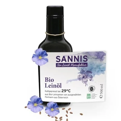 Abbildung von Sannis Bio Leinöl extra nativ 500 ml I Leinsamenöl aus kontrolliert biologischem Anbau kaltgepresst &amp; ungefiltert reich an Omega 3 Fettsäuren nussig milder Geschmack ideal für Salat Joghurt