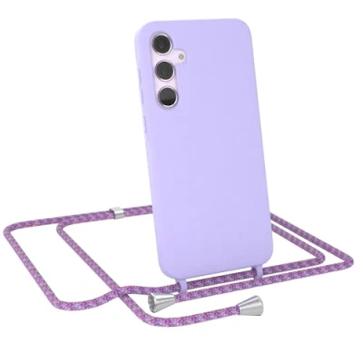 Abbildung von EAZY CASE Hülle mit Band kompatibel Samsung Galaxy A55 Handyhülle für Silikon Mikrofaser stoßfester Fallschutz Kette zum Umhängen Handykordel in Lavendel Lila Clips Silber